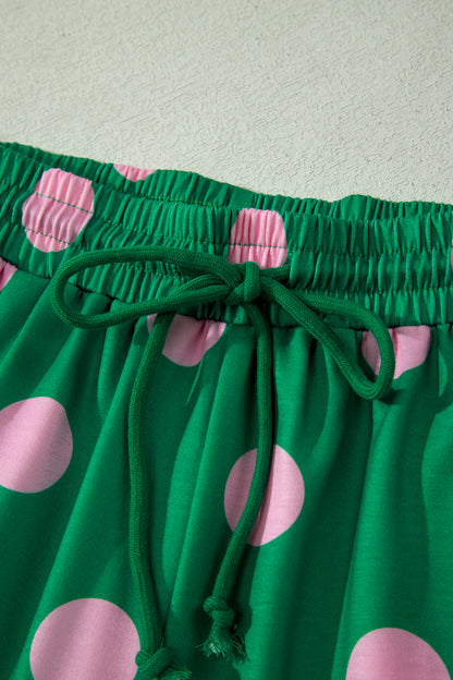 Green Polka Dot Print V Neck Tee Short Set