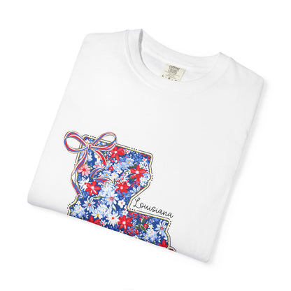 Louisiana Floral State Map T-Shirt — Red, White & Blue "Louisiana" Design