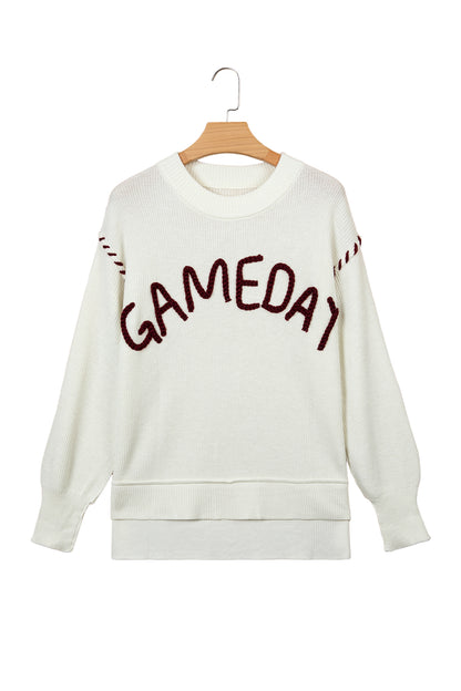 Beige Drop Shoulder Game Day Letter Print Pullover Sweater