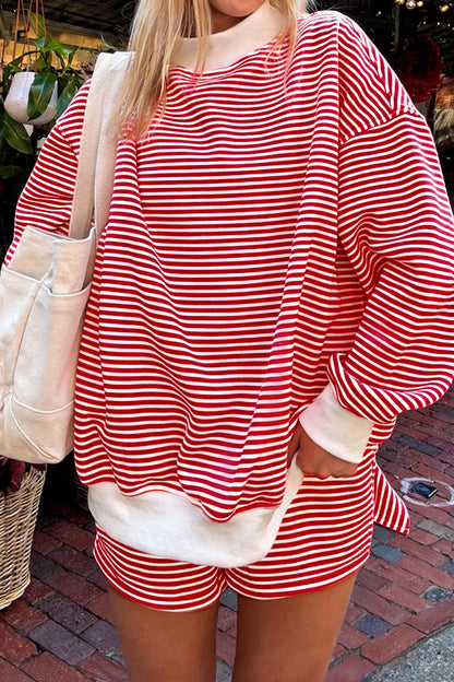 Sky Blue Stripe Oversize Mock Neck Sweatshirt and Shorts Set