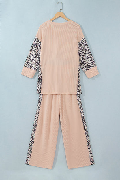 Parchment Leopard Print Twisted Ribbed Patchwork Long Sleeve Top Loose Pant Set