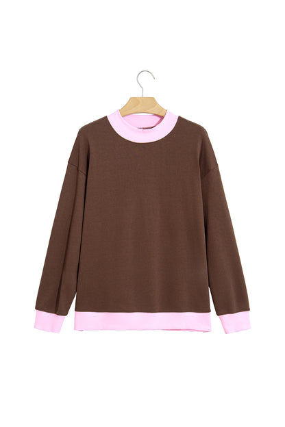 Grapefruit Orange Colorblock Trim Crewneck Long Sleeve Pullover Sweatshirt