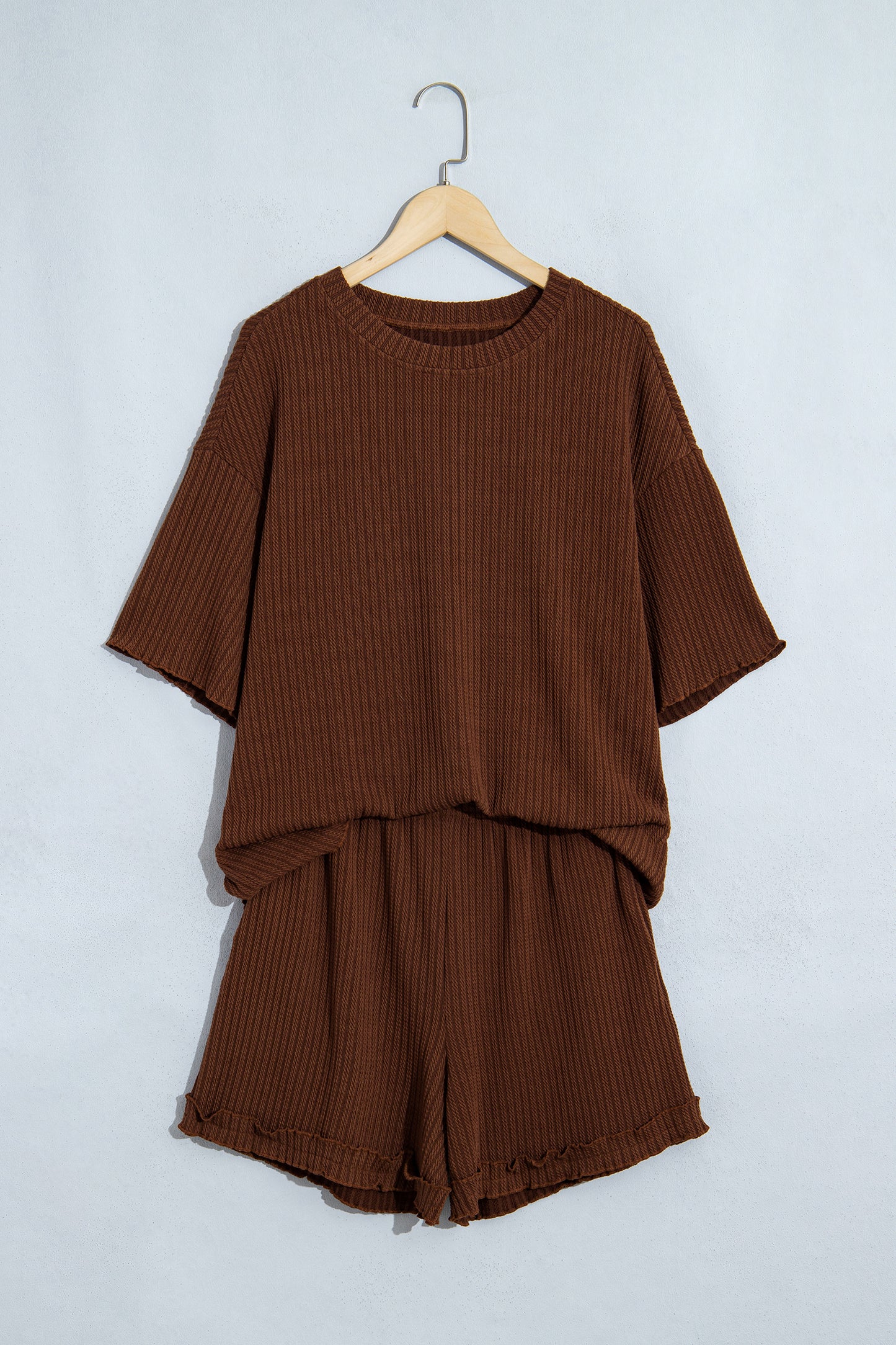 Dark Brown Textured Ribbed Knit Lettuce Trim 2pcs Lounge Set