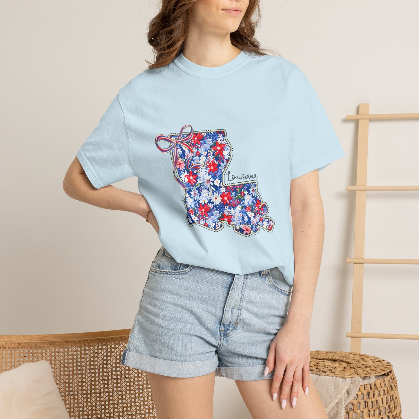 Louisiana Floral State Map T-Shirt — Red, White & Blue "Louisiana" Design