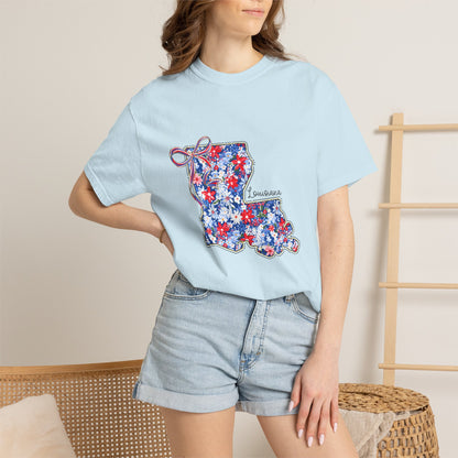 Louisiana Floral State Map T-Shirt — Red, White & Blue "Louisiana" Design