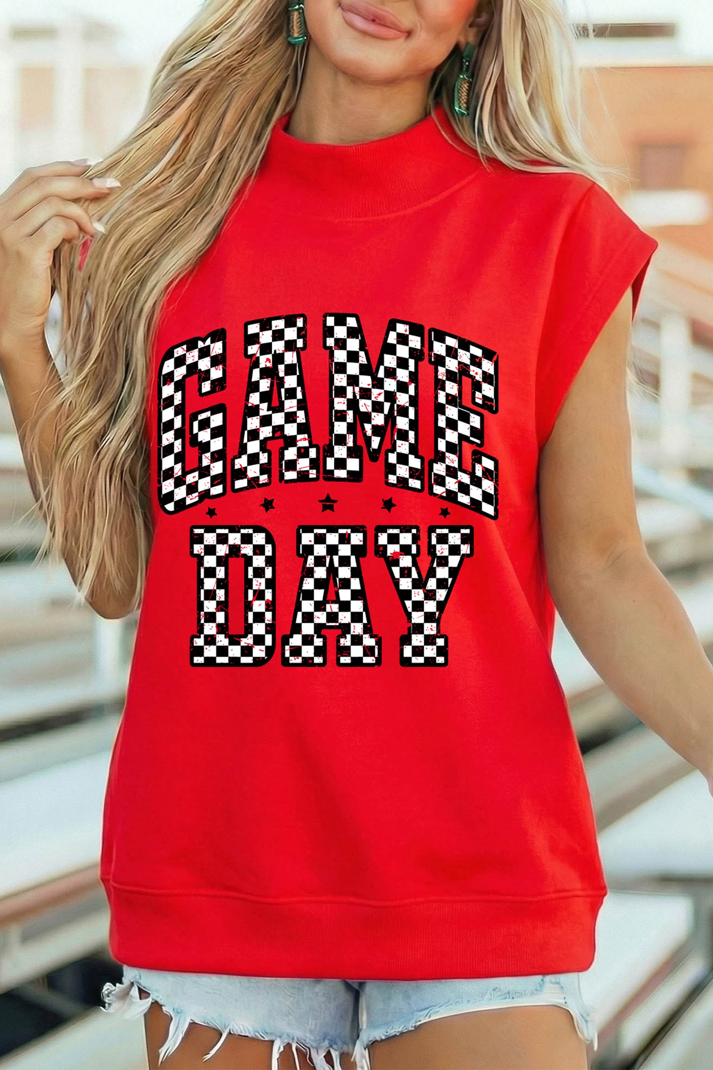 Racing Red Game Day Checkered Print High Neck Short Sleeve op
