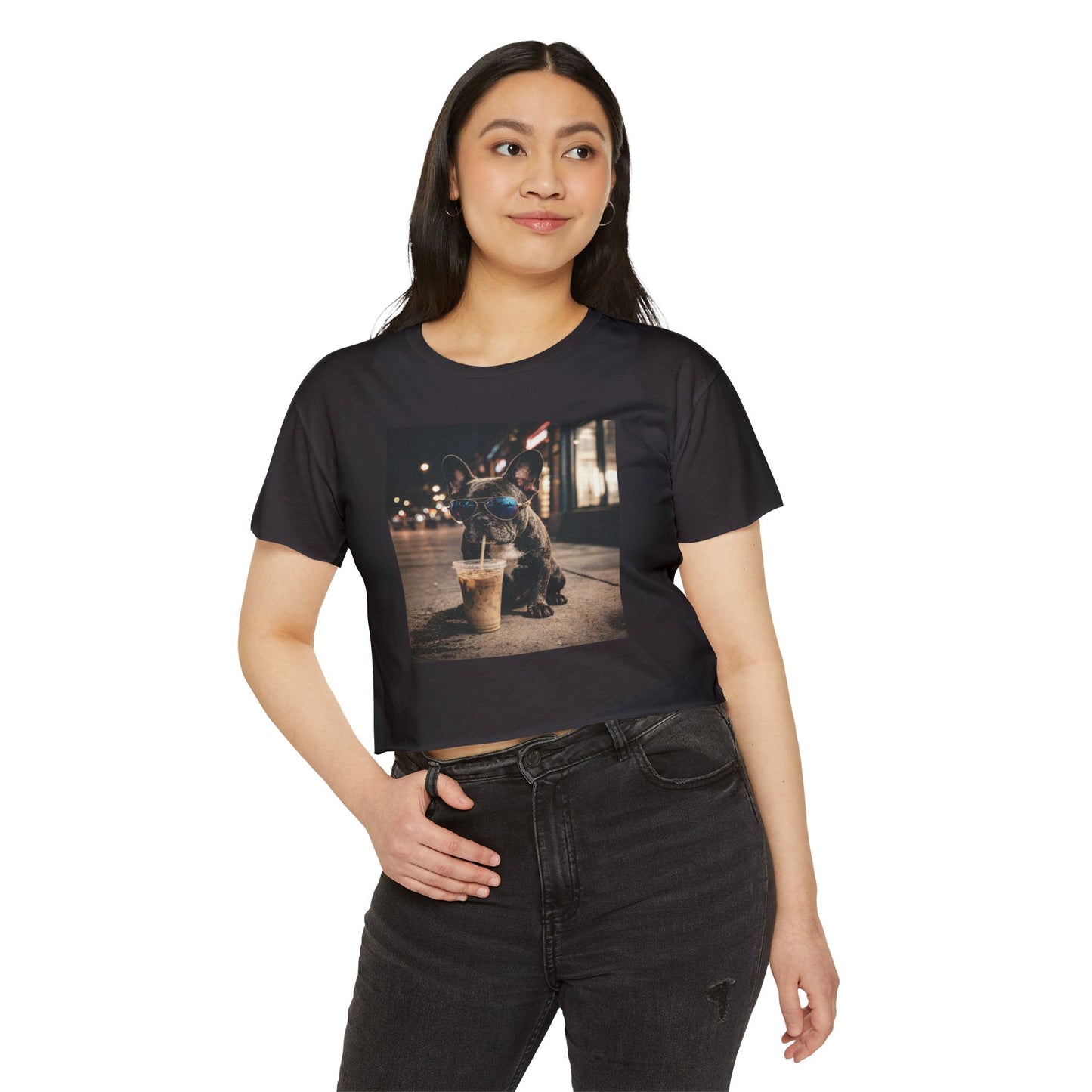 Crop Top — Cute French Bulldog Drinking Iced Coffee Graphic