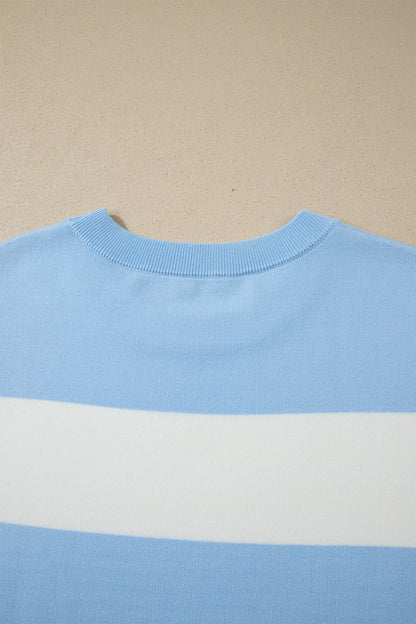 Sky Blue Stripe Colorblock Plus Size Short Sleeve Sweater