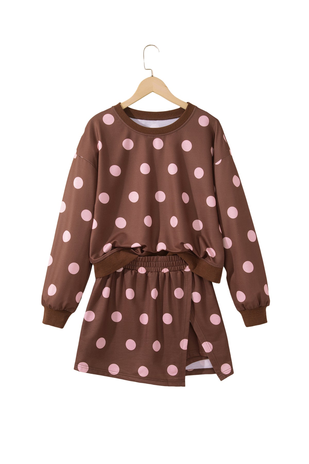 Brown Polka Dot Two Piece Set Long Sleeve Casual Skirt Set