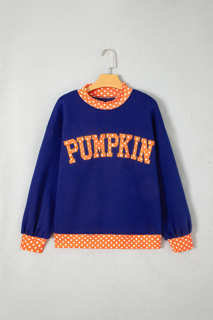Sail Blue Polka Dot Letter Print Contrast Trim Mock Neck Sweatshirt
