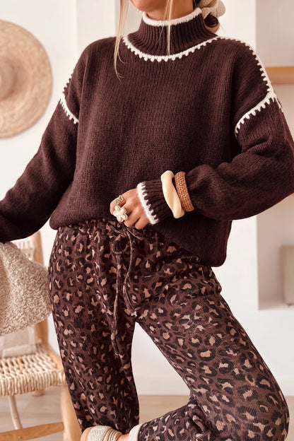 Dark Khaki Contrast Trim Mock Neck Drop Shoulder Relaxed Sweater
