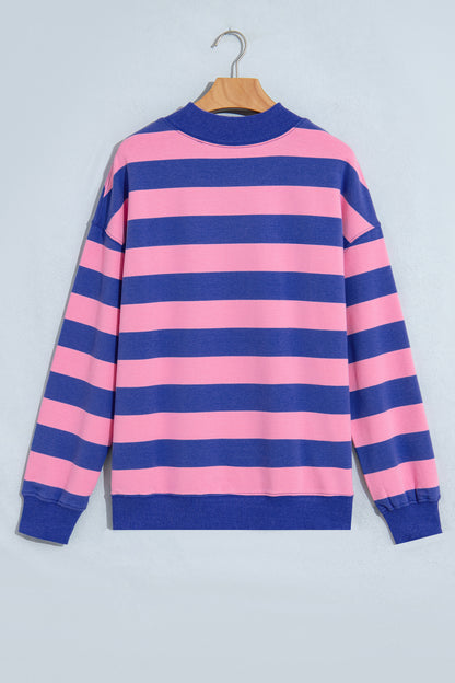 Blue Stripe Colorblock Mock Neck Relaxed Sweatshirt
