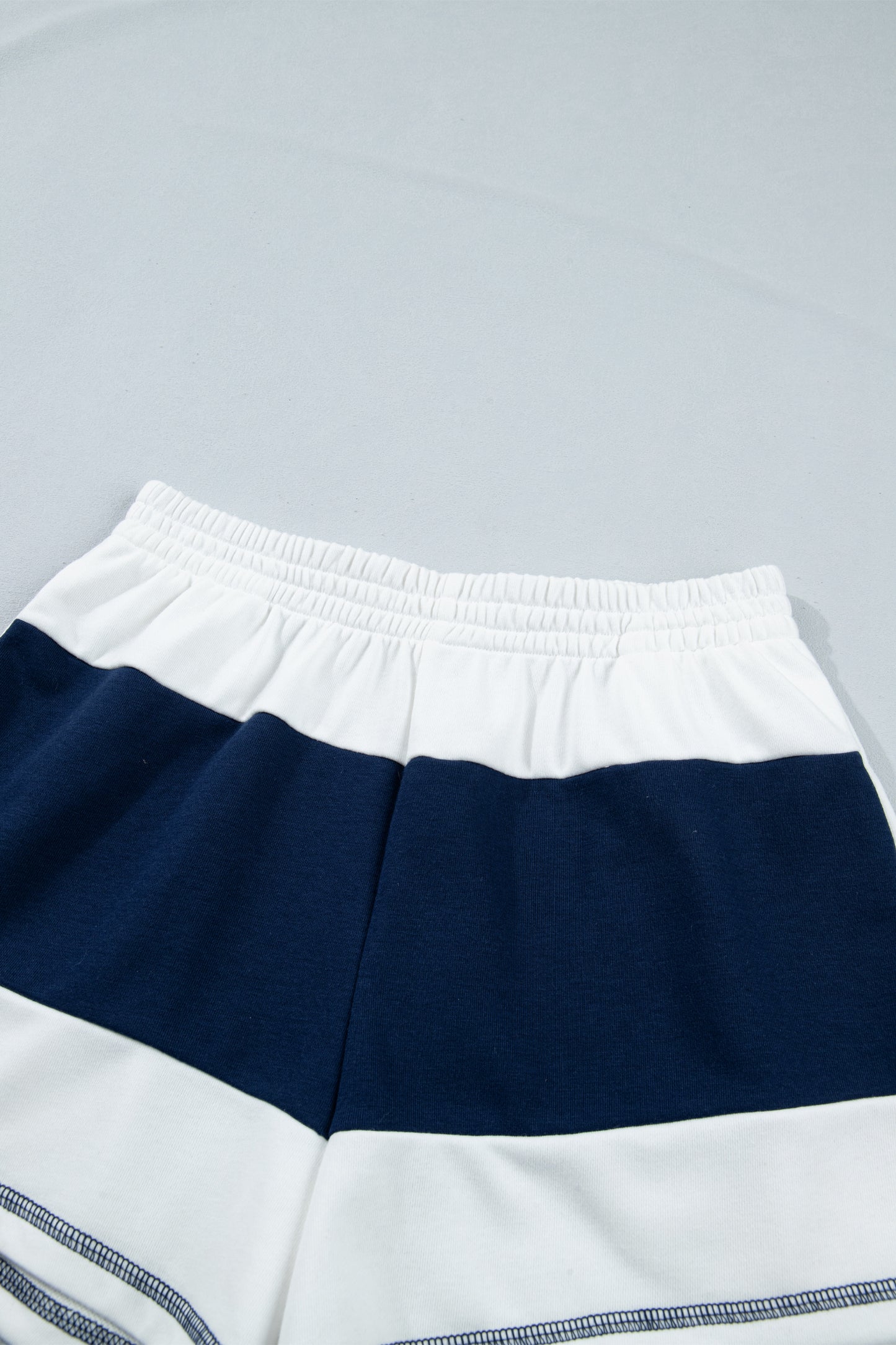 Prussian Blue Exposed Seam Detail Half Sleeve Top Elastic Waist Shorts 2pcs Set