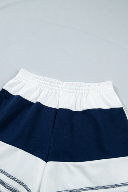 Prussian Blue Exposed Seam Detail Half Sleeve Top Elastic Waist Shorts 2pcs Set
