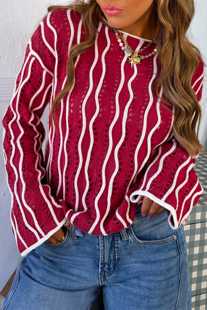 Racing Red Wavy Detail Hollow Out Knit Long Sleeve Cotton Pullover Sweater