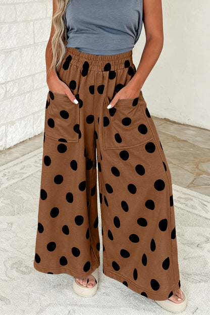 Brown Polka Dot Wide Leg Elastic Waist Casual Pants