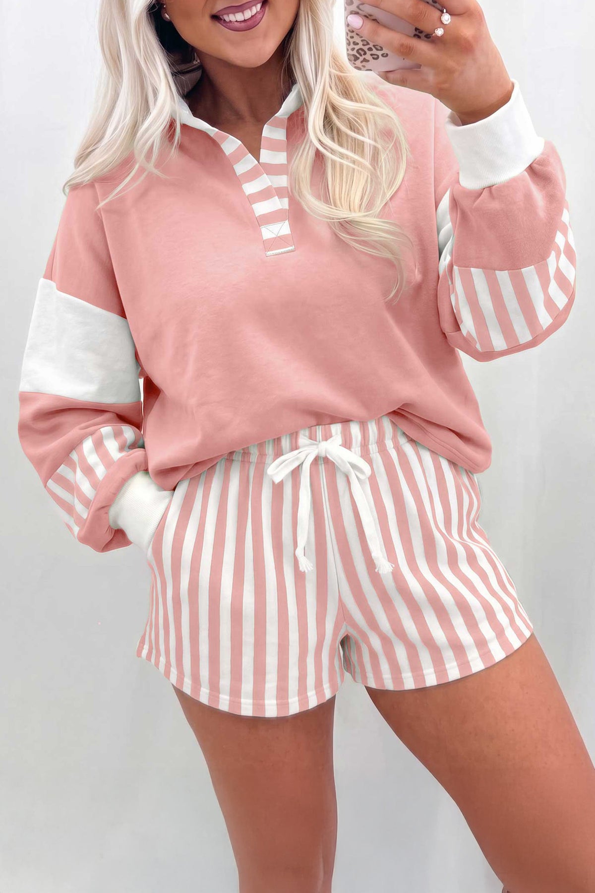 Black Striped Color Block Pullover Top Drawstring Shorts Set
