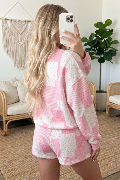 Sky Blue Patchwork Floral Print Drop Shoulder Baggy Pullover Drawstring Shorts Set