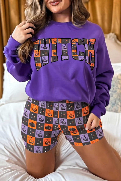 Orange Witch Letter Print Long Sleeve Top Checkered Elastic Waist Shorts Set