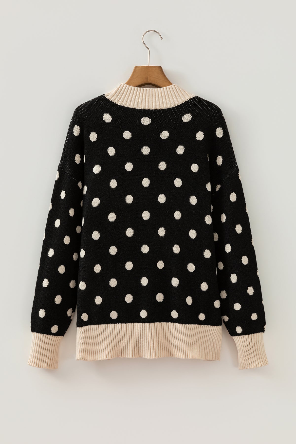 Red Polka Dot Pattern Ribbed Colorblock Trim Split Tunic Sweater