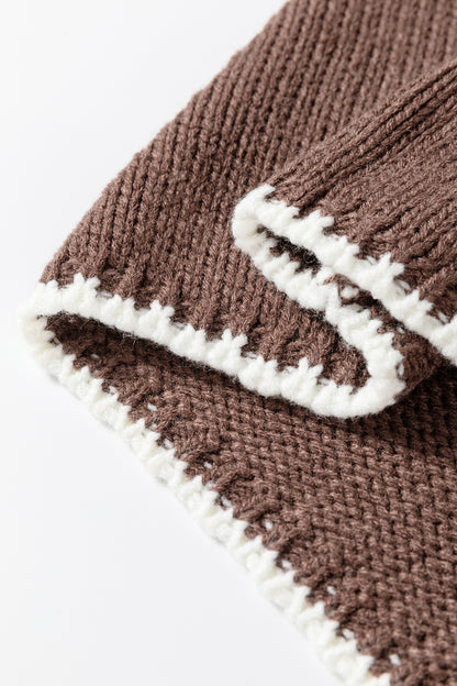 Dark Khaki Contrast Trim Mock Neck Drop Shoulder Relaxed Sweater