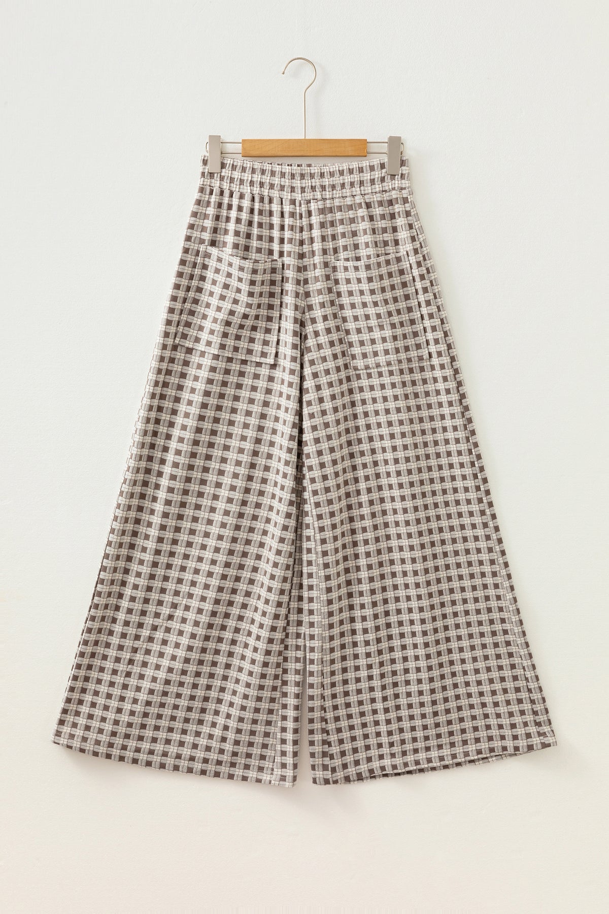 Brown Plaid Elastic Waist Patch Pocket Wide Leg Pants