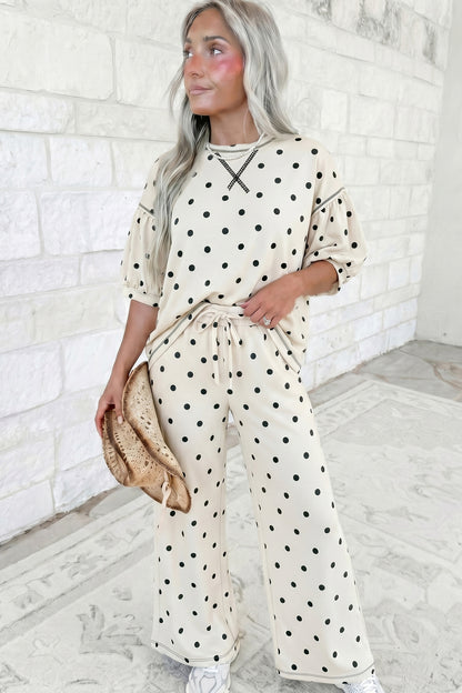 Beige Polka Dot Half Sleeve Loose Top Elastic Waist Casual Pants Set