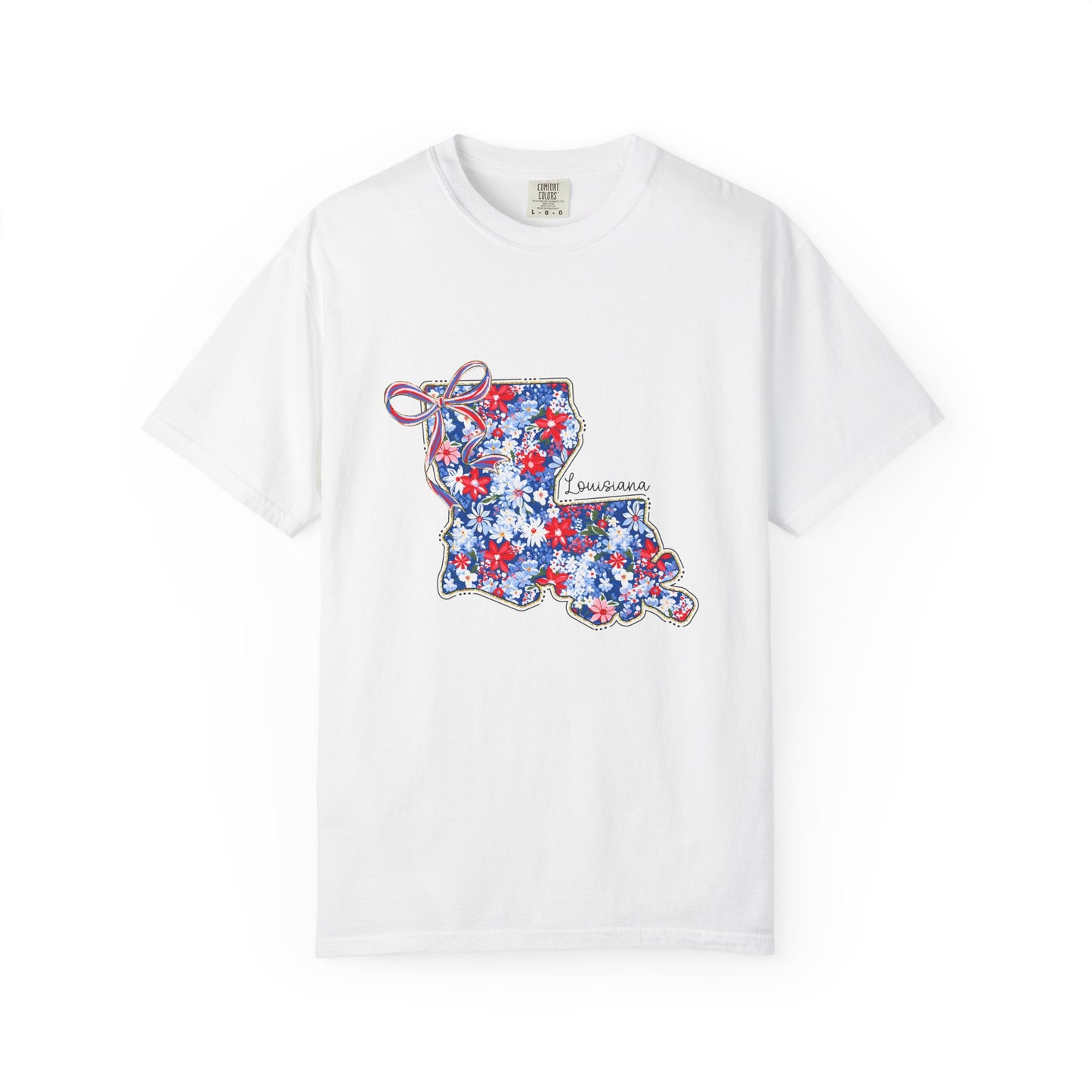 Louisiana Floral State Map T-Shirt — Red, White & Blue "Louisiana" Design