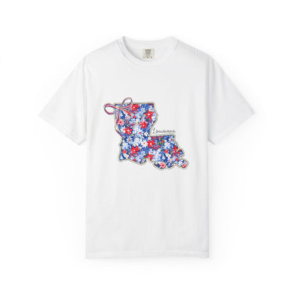 Louisiana Floral State Map T-Shirt — Red, White & Blue "Louisiana" Design