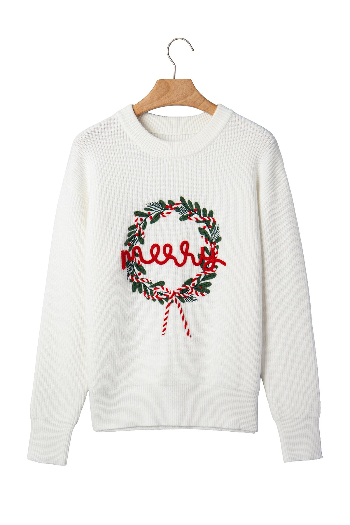 White Christmas Wreath Pattern Round Neck Casual Sweater