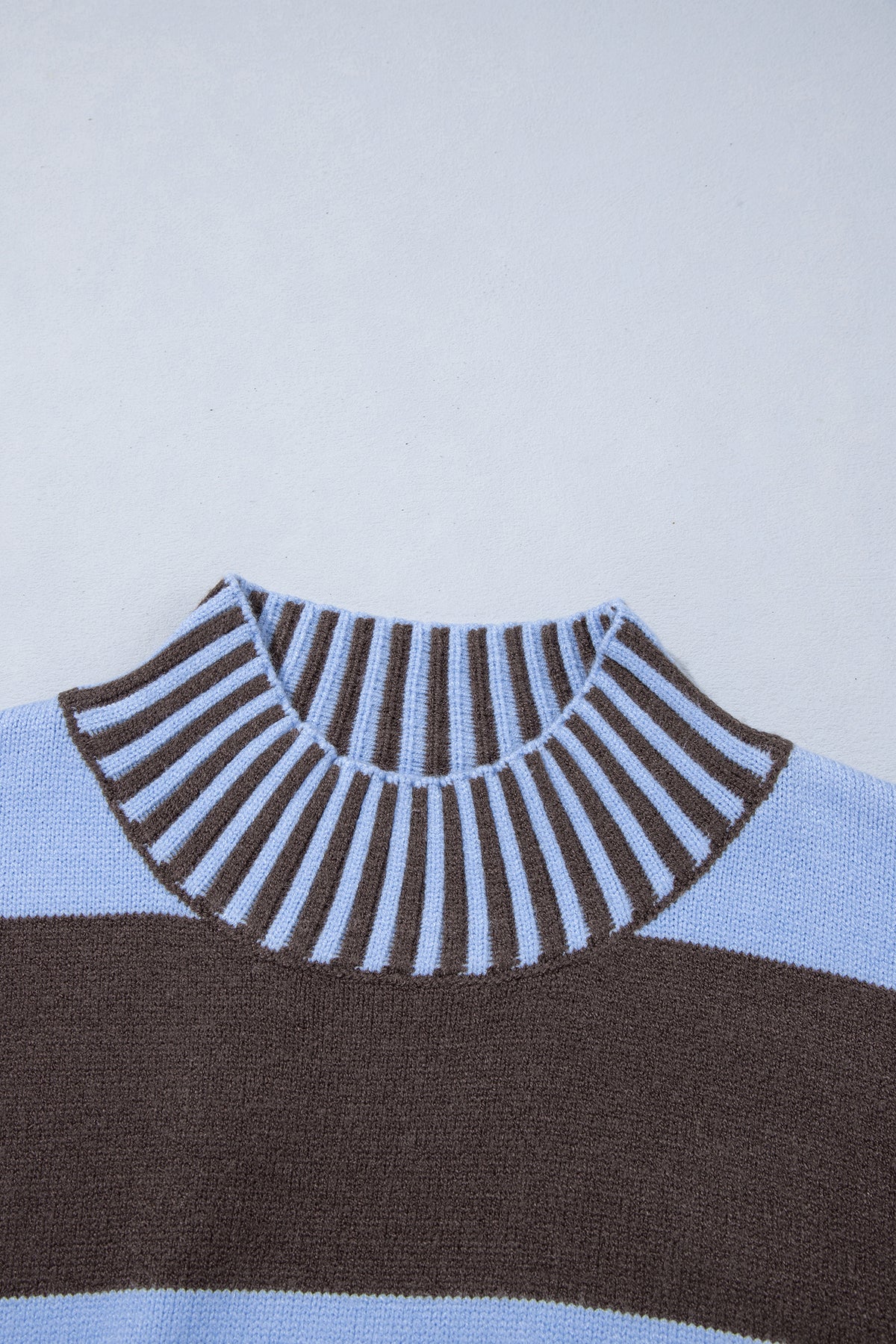 Sky Blue Stripe Contrast High Neck Dropped Shoulder Relaxed Pullover Sweater