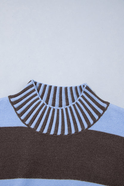 Sky Blue Stripe Contrast High Neck Dropped Shoulder Relaxed Pullover Sweater
