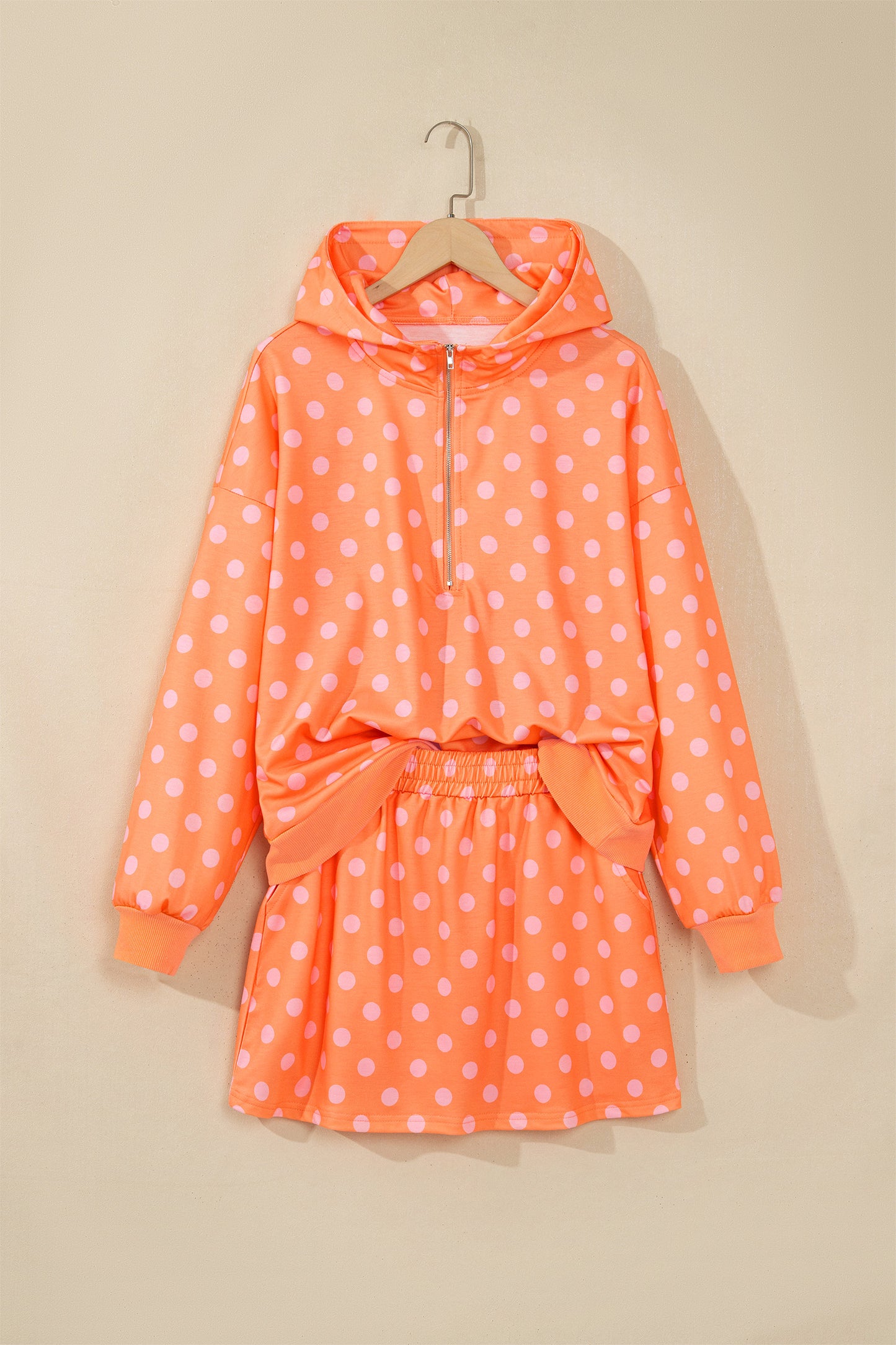 Orange Polka Dot Hooded Long Sleeve Top Casual Mini Skort Set