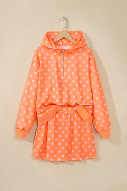 Orange Polka Dot Hooded Long Sleeve Top Casual Mini Skort Set