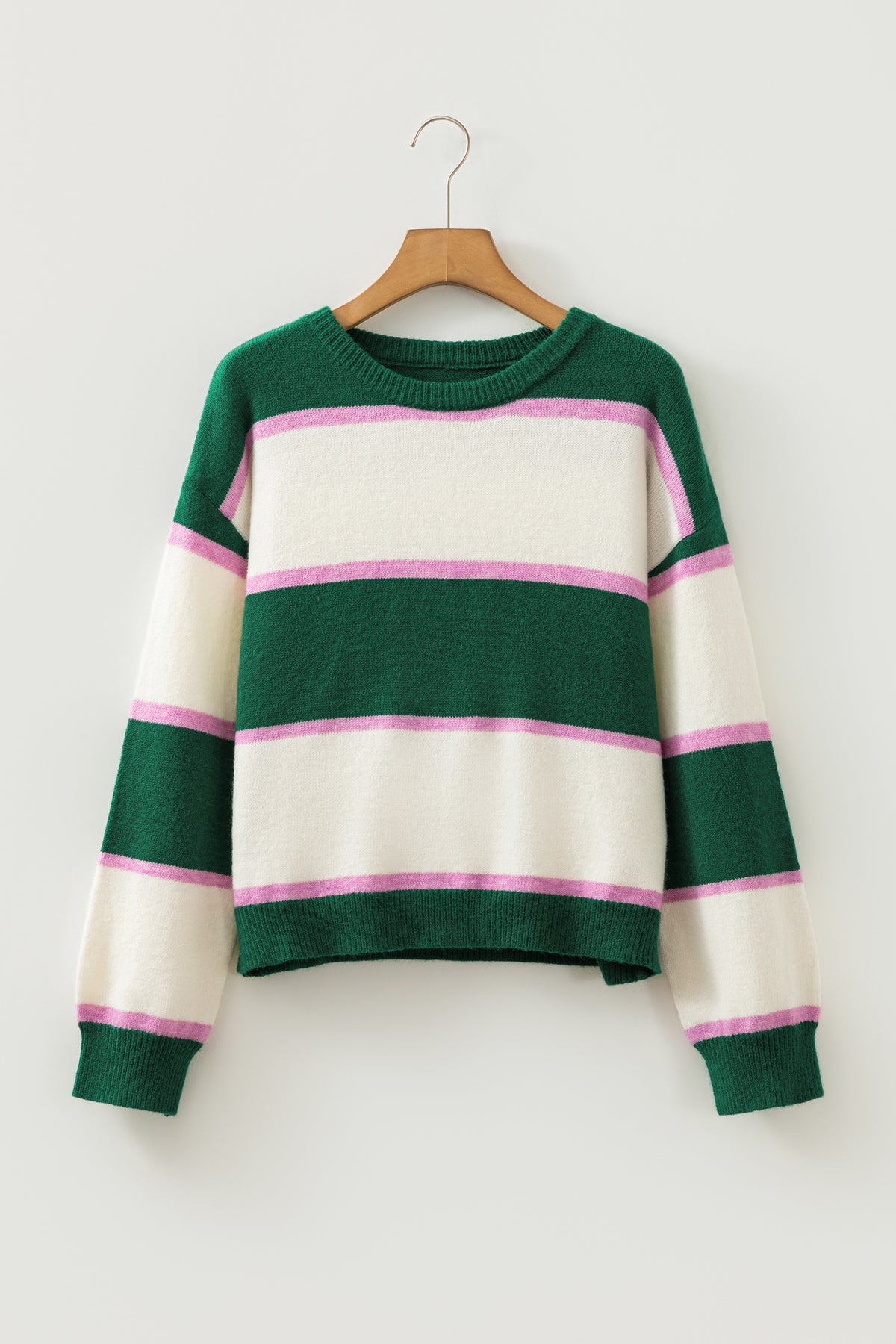 Blackish Green Striped Color Block Knit Dropped Shoulder Loose Pullover Sweater