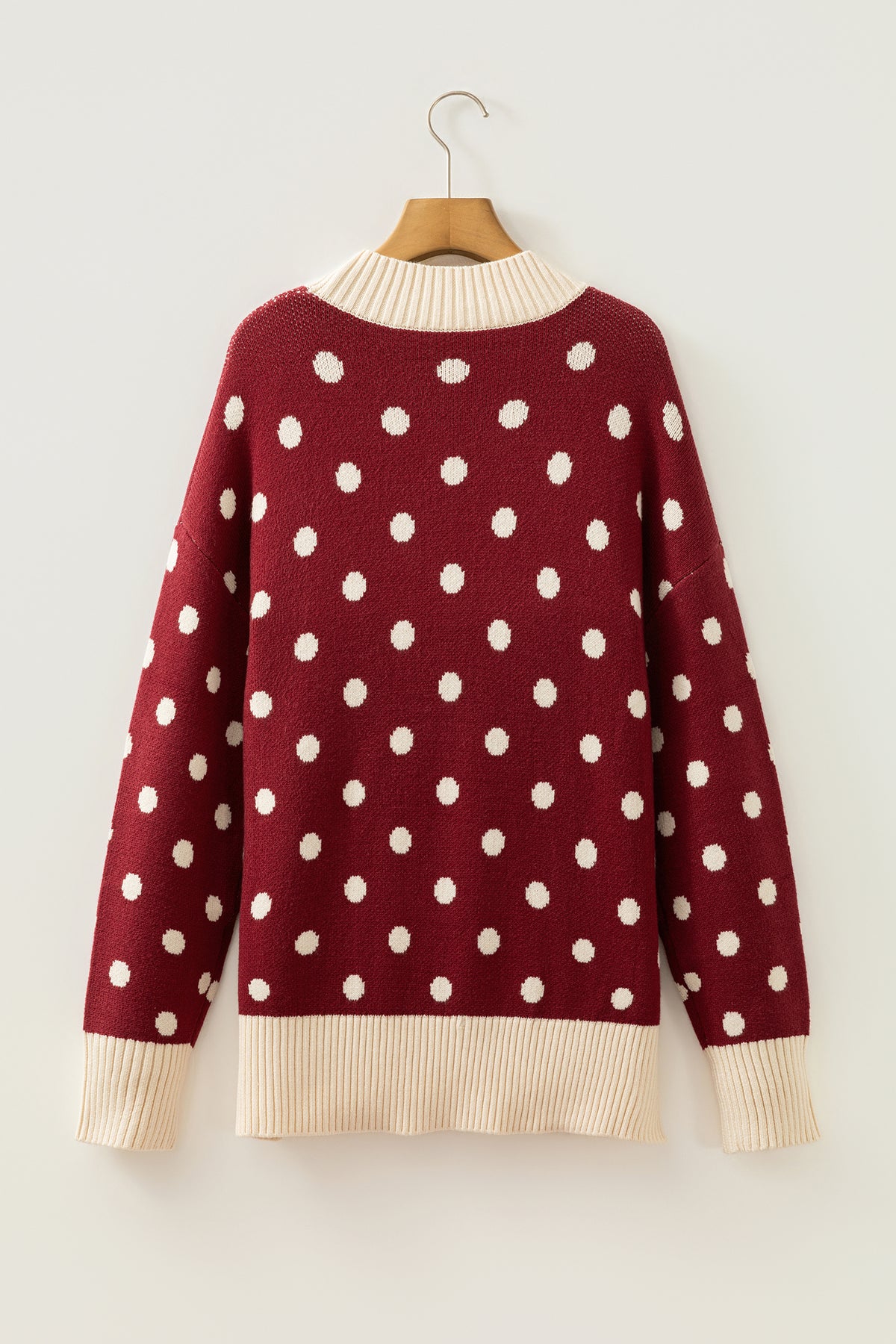 Red Polka Dot Pattern Ribbed Colorblock Trim Split Tunic Sweater