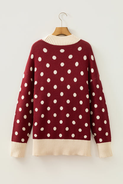 Red Polka Dot Pattern Ribbed Colorblock Trim Split Tunic Sweater