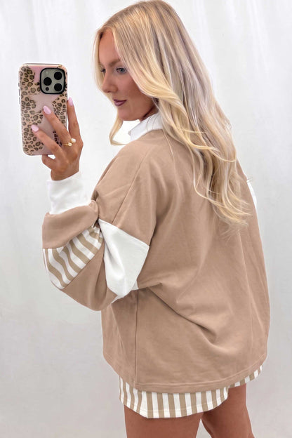 Black Striped Color Block Pullover Top Drawstring Shorts Set