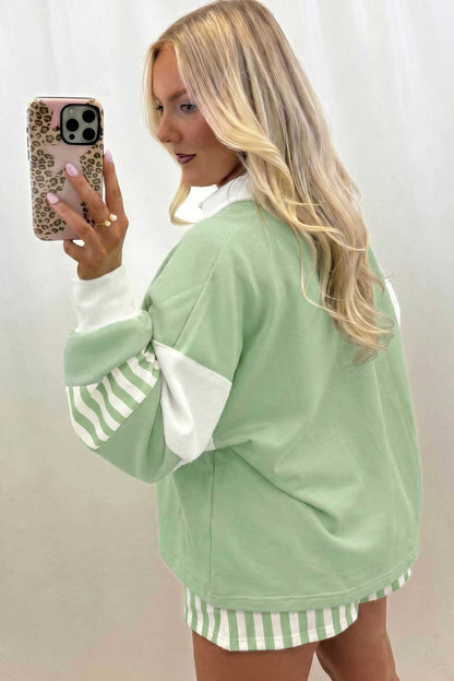 Black Striped Color Block Pullover Top Drawstring Shorts Set