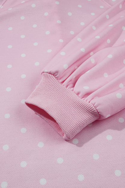 Pink Polka Dot Print Metal Button Collar Casual Pullover Sweatshirt