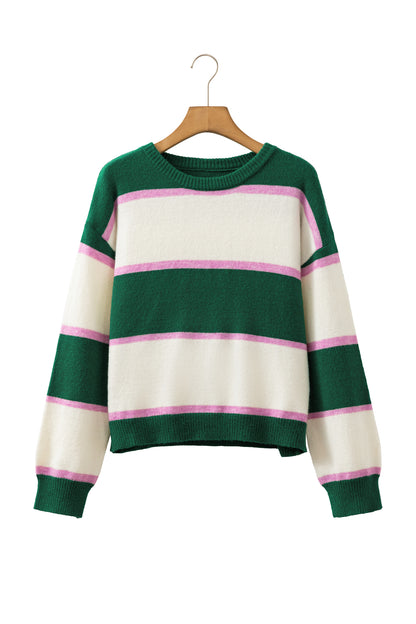 Blackish Green Striped Color Block Knit Dropped Shoulder Loose Pullover Sweater