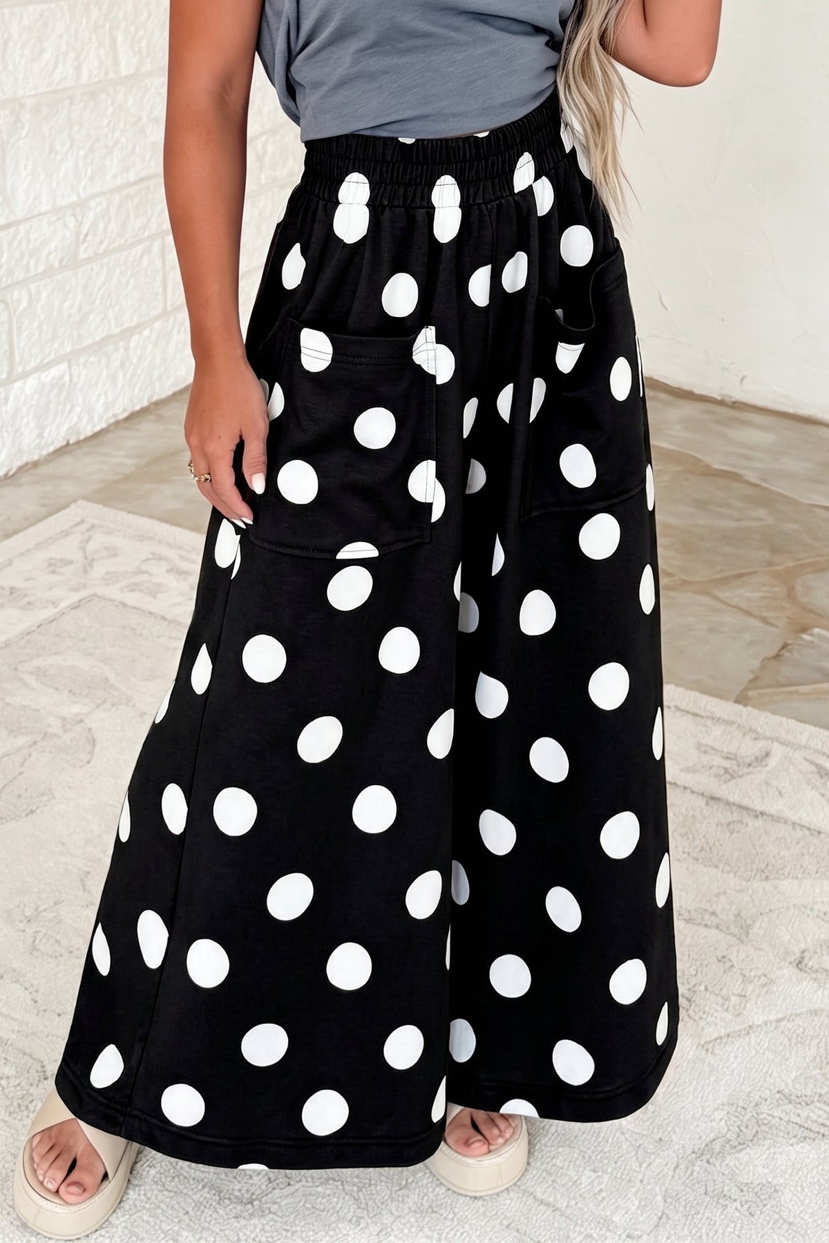 Burgundy Polka Dot Wide Leg Elastic Waist Casual Pants