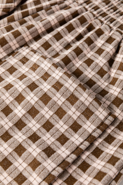 Brown Plaid Elastic Waist Patch Pocket Wide Leg Pants