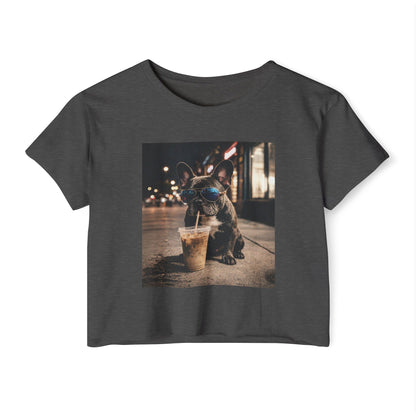Crop Top — Cute French Bulldog Drinking Iced Coffee Graphic