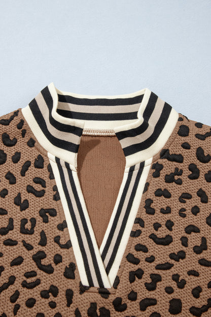 Brown Leopard Print Striped Trim Collar Long Sleeve Shift Pullover