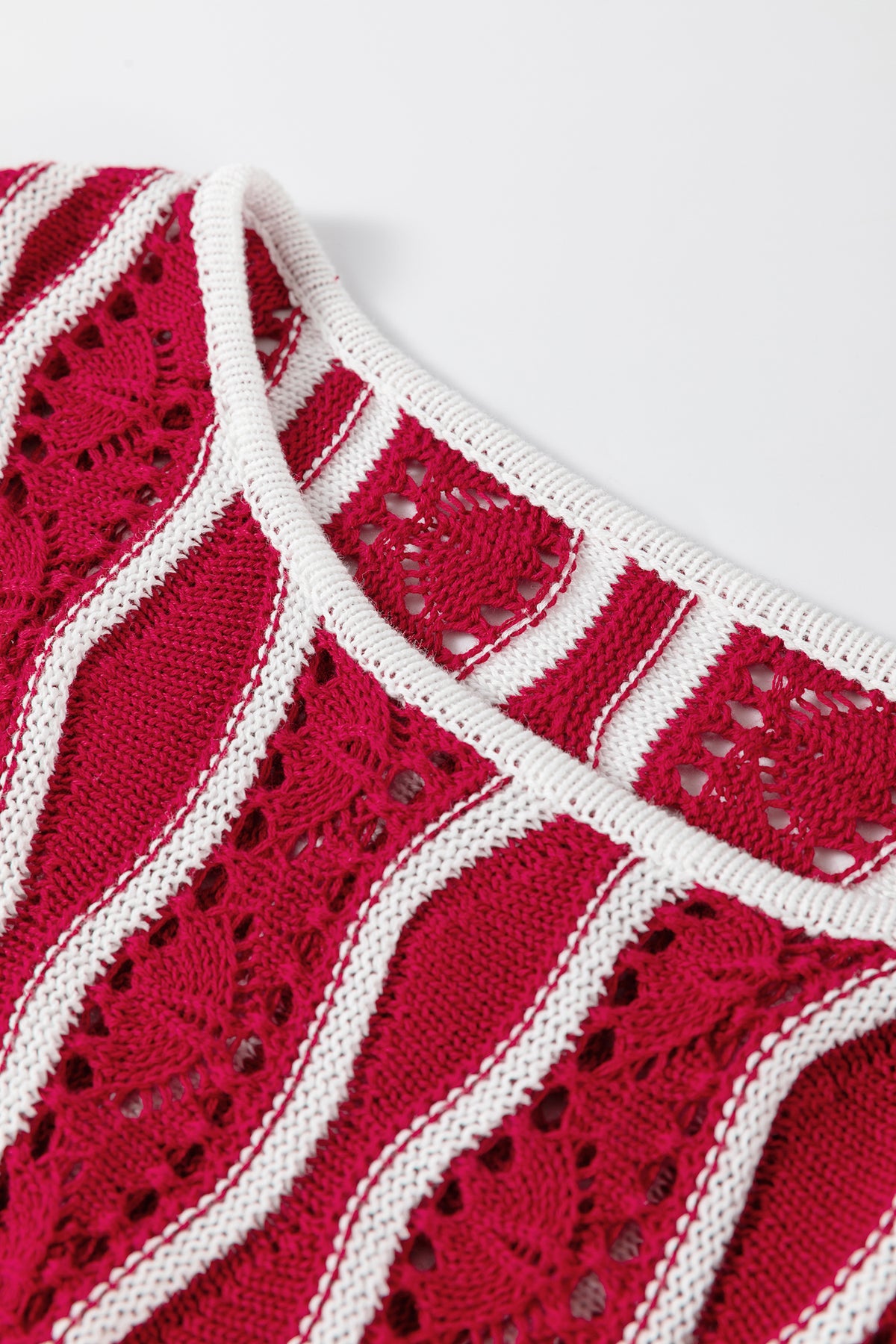 Racing Red Wavy Detail Hollow Out Knit Long Sleeve Cotton Pullover Sweater