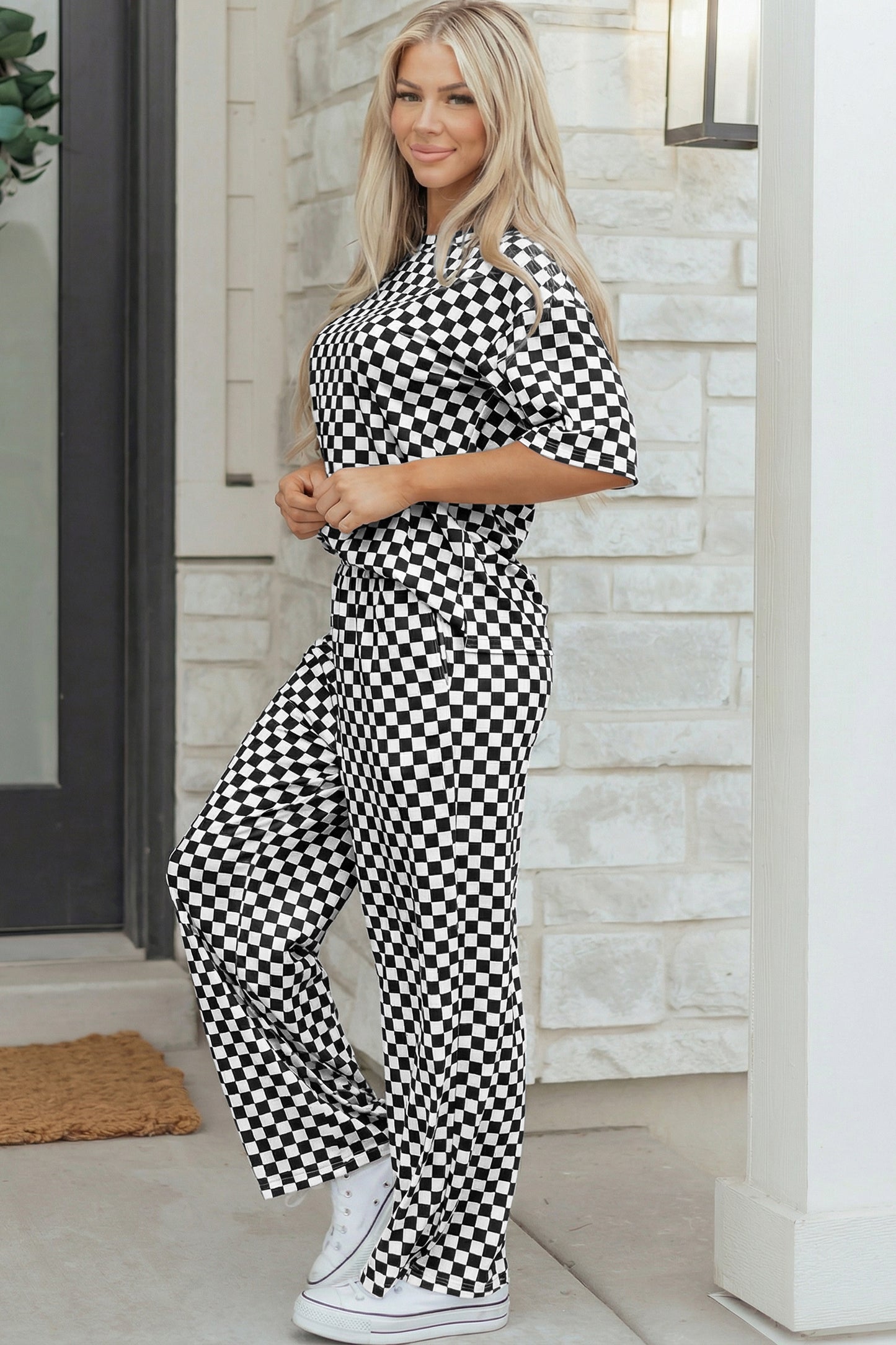 Khaki Checkered Print Half Sleeve Tee 2pcs Lounge Pant Set