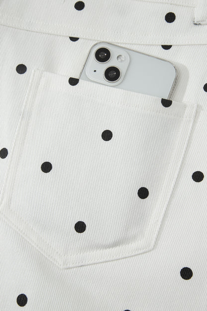 White Polka Dot Print Embroidered Scallop Hem Shorts