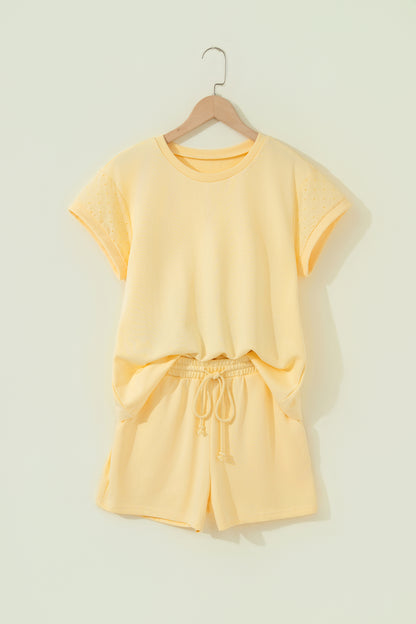 Yellow Eyelet Lace Patchwork Sleeve Short 2pcs Outfit
