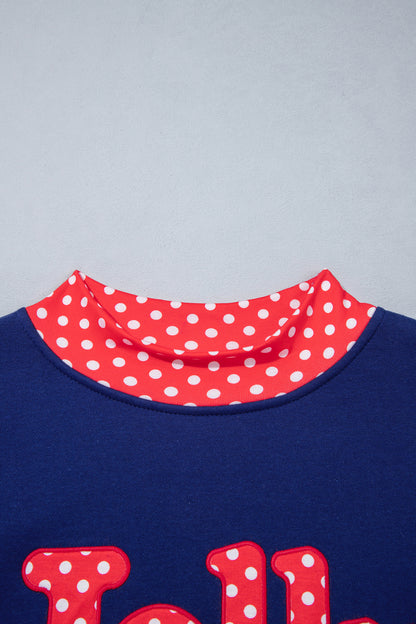Sail Blue Polka Dot Letter Print Contrast Trim Mock Neck Sweatshirt